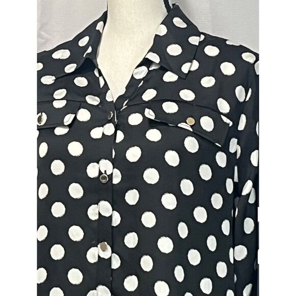 Belldini Los Angeles Women’s Button Down Printed Satin Shirt, Black/White, 1X - Picture 15 of 16
